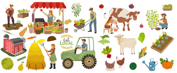 Local organic production icons set. Farmers do agricultural work, planting, gathering crops and sell food. Woman milks a cow and picking berries. Farm animals, fruits and vegetables isolated vector 