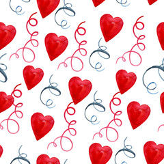 Fototapeta na wymiar Seamless pattern with watercolor red hearts and blue ribbons. Bright festive background. Valentine's Day.