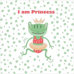 Fototapeta premium Cute cartoon illustration of a frog. Character frog. Cute vector illustration frog doodle style. frog with a motivational inscription. Simple flat vector cartoon illustration. 