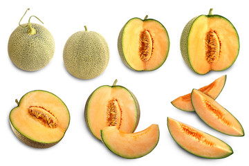 Set cantaloupe melon isolated on white background with clipping path.