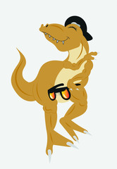 A happy relaxing dinosaur holding the sunglasses and wearing a hat.