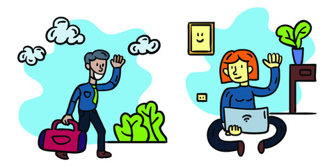 Man go to work using mask. Woman work from home using laptop illustration doodle cartoon style