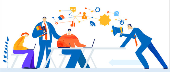 People working in office under the stress, dead line, economy crisis, market collapse. Boss shouting with the megaphone. Business concept illustration 