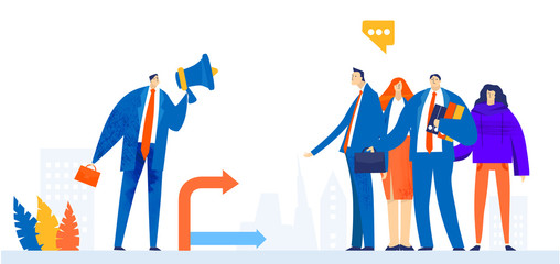 People working in office under the stress, dead line, economy crisis, market collapse. Boss shouting with the megaphone. Business concept illustration 
