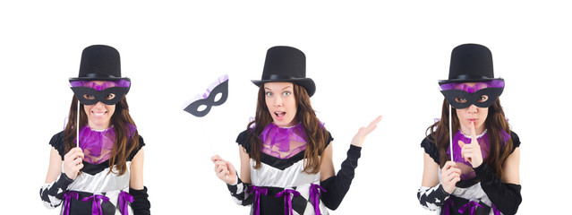 Pretty girl in jester costume with mask isolated on white