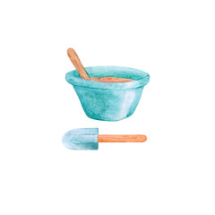 Blue watercolor bowl and silicone spatula with wooden handle isolated on white background. Hand-drawn kitchen utensils for your design.