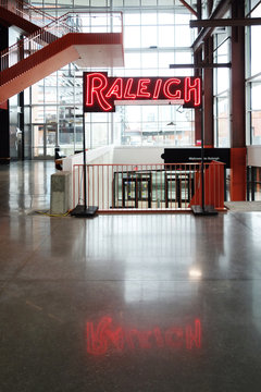 RALEIGH,NC/USA - 3-21-2020: The Interior Of Union Station Train Depot In Raleigh, NC, With A Neon Raleigh Sign