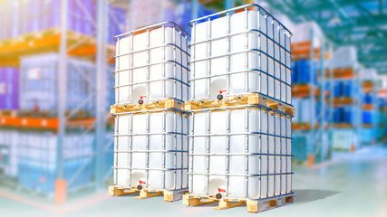Large liquid tanks in stock. Warehouse of chemical products. Concept - white tanks are designed to...