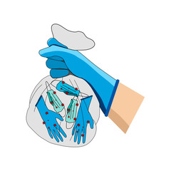 The hands wear gloves and carry rubbish bags containing infected gloves and infected surgical masks.
