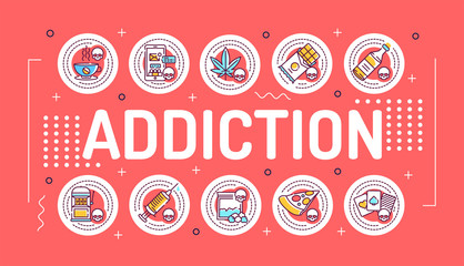 Addiction word lettering typography. Infographics with linear icons on red background. Creative...