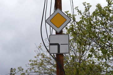 Blank yellow road sign or empty traffic, city, street