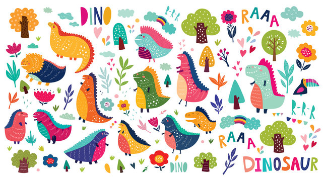 Vector Colorful collection of funny Dinosaurs with trees, flowers , rainbow and leaves