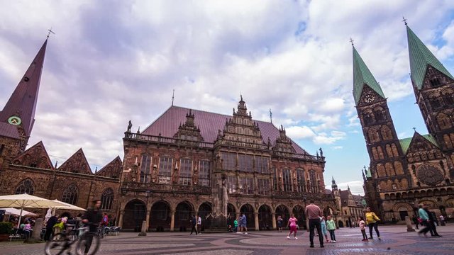 Bremen historic City Hall timelapse with Saint Peter's Cathedral in the old town of Bremen which is part of the German landmark fairytale route and UNESCO world heritage. 