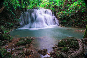 Huai Mae Kamin waterfall Srinakarin at Kanchanaburi, in Thailand.Onsen atmosphere.