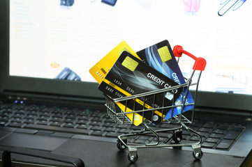Online shopping concept. Credit cards in the Shopping cart