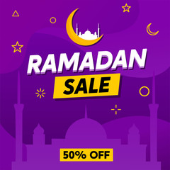 Fototapeta na wymiar Ramadan Sale Banner with Mosque Vector for Social Media. Discount Up To 50% Design with Islamic Ornament suitable for Poster and Flyer
