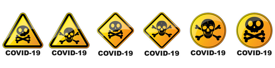Set of coronavirus danger signs with human skull.