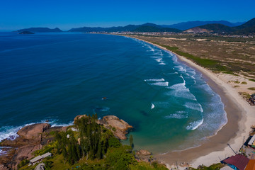 Aerial footage over Joaquina beach in Florianopolis, Santa Catarina, Brazil
