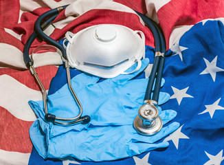Quarantine COVID-19 american flag background health care.