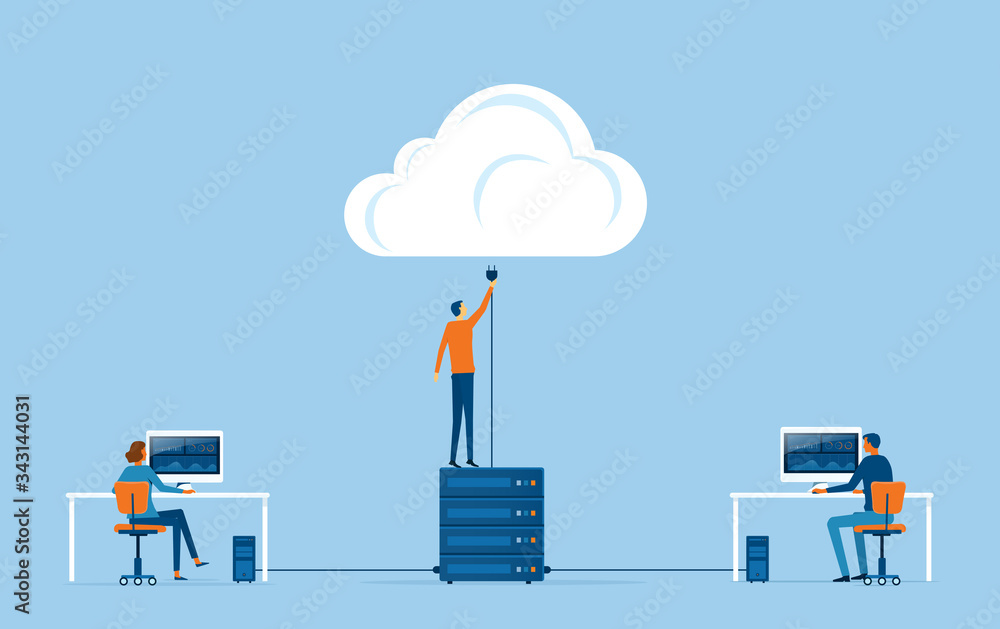 Poster flat vector business technology storage and cloud connect concept with administrator and developer team working 