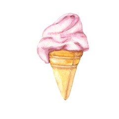 Soft ice cream cone, watercolor illustration isolated on white background 