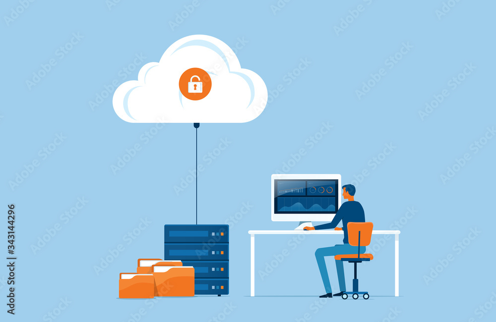 Poster flat vector business technology storage and cloud server service concept with administrator and developer team working concept