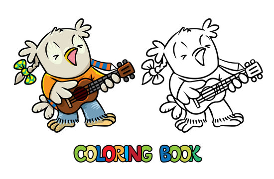 Coloring book of little funny owl with ukulele