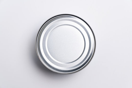 Closeup of an aluminium can food view from top isolated on white background