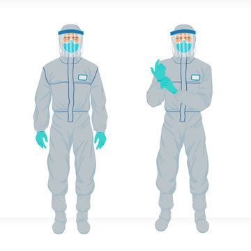Medical doctor in virus protection suit getting ready to enter biohazard zone or Epidemiology virology scientist standing in protective suit for  coronavirus research vector character in EPS 10 format