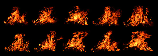 The set of 4 thermal energy flames image set on a black background. Yellow red heat energy