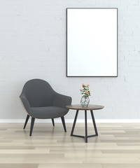 Mock up poster (frame) in modern interior background, living room, soft armchair, plants, loft design. Poster clips empty template mockup. 3D rendering.