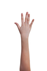 Close-up of a woman's hand and finger on white background