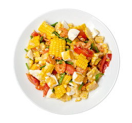 Thai style spicy corn salad with satled eggs, delicious popular Thai traditional food isolated on white background, clipping path included