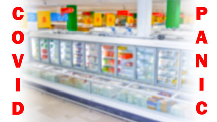 Covid panic logo on the background of an empty store. Panic because of the coronavirus. Store closures due to an epidemic of disease. Covid-19 is rapidly spreading across different countries.