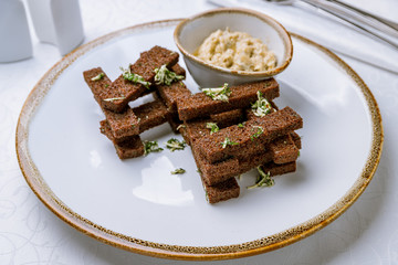 fried Garlic croutons on white plate