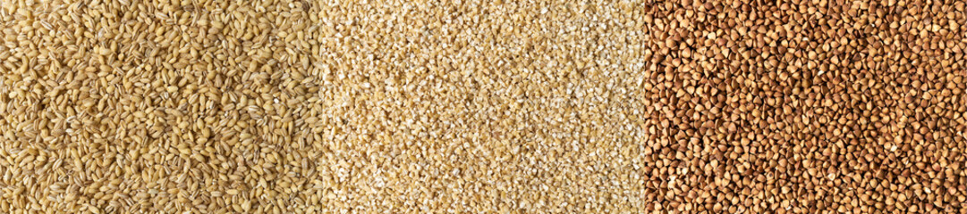 Gryka, pęczak i jęczmień na jednym tle