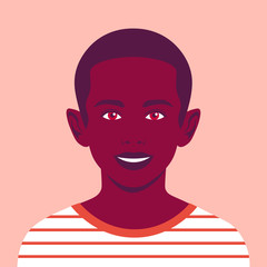 Portrait of a happy African boy. The face of a smiling child. Avatar of a schoolboy. Vector flat illustration