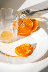 Orange slices on a white plate in the sun