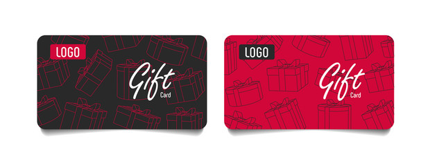 Vector gift voucher template with gift boxes of square and round shapes stylish pattern in black and red colors. Design concept for gift coupon, invitation, certificate, flyer, banner. - obrazy, fototapety, plakaty