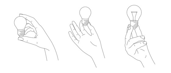 Set of three illustrations of hand holding a light bulb in different gesture position view, isolated simple linear graphic