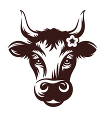 Cow head with flower vector illustration one color on a white background