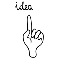 Fototapeta na wymiar Idea and human hand. Sketch. Vector illustration. Outline on an isolated background. Doodle style. Index finger up. An idea came up. Lettering. Business concept. Gesturing with the index finger. 