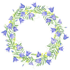 Wreath of wildflowers, watercolor painting. For design cards, invitations and prints.