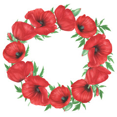 Wreath of red poppies flowers and leaves, watercolor painting. For design cards, invitations and prints.