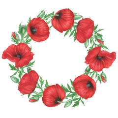 Wreath of red poppies flowers and leaves, watercolor painting. For design cards, invitations and prints.