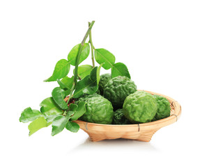Bergamot in basket material of Essential Oils isolated on white background with clipping path.