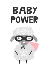 Kids poster with cute sheep animal superhero and hand drawn lettering. Baby nursery wall art. Vector illustration.