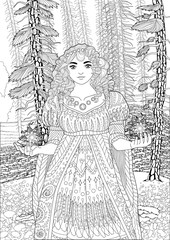 Coloring book for adults with magician medieval lady in the coniferous forest