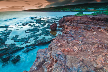Sunset on Tide Pools in Hulopo'e Bay With The Manele Bay Resort in the Distance., Hulopo'e Beach...