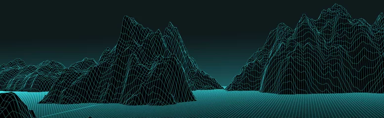 Poster 3d futuristic panoramic wireframe mountain landscape vector illustration © Anjar G